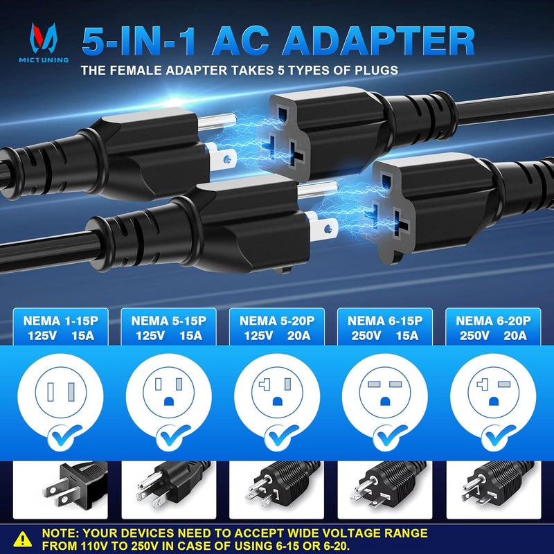 MICTUNING 20A 125V AC Port Plug, 12 AWG Shore Power Inlet Plug with 5-in-1 T-Blade Adapter Integrated 20'' Extension Cord, Waterproof AC Power Inlet Electrical Receptacle for Trailer Truck Boat - Image 2